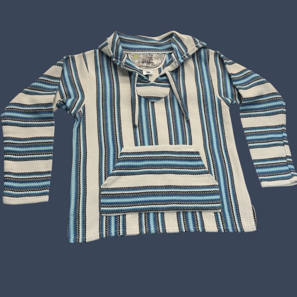 Senor Lopez Baja Hoodie Unisex Small Blue White Striped Mexican Poncho Pullover